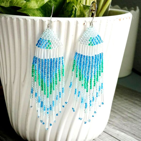 Boho Beaded Fringe Dangle Earrings, Seed Bead Jewelry, Blue & Green, 3.5" - Picture 3 of 8